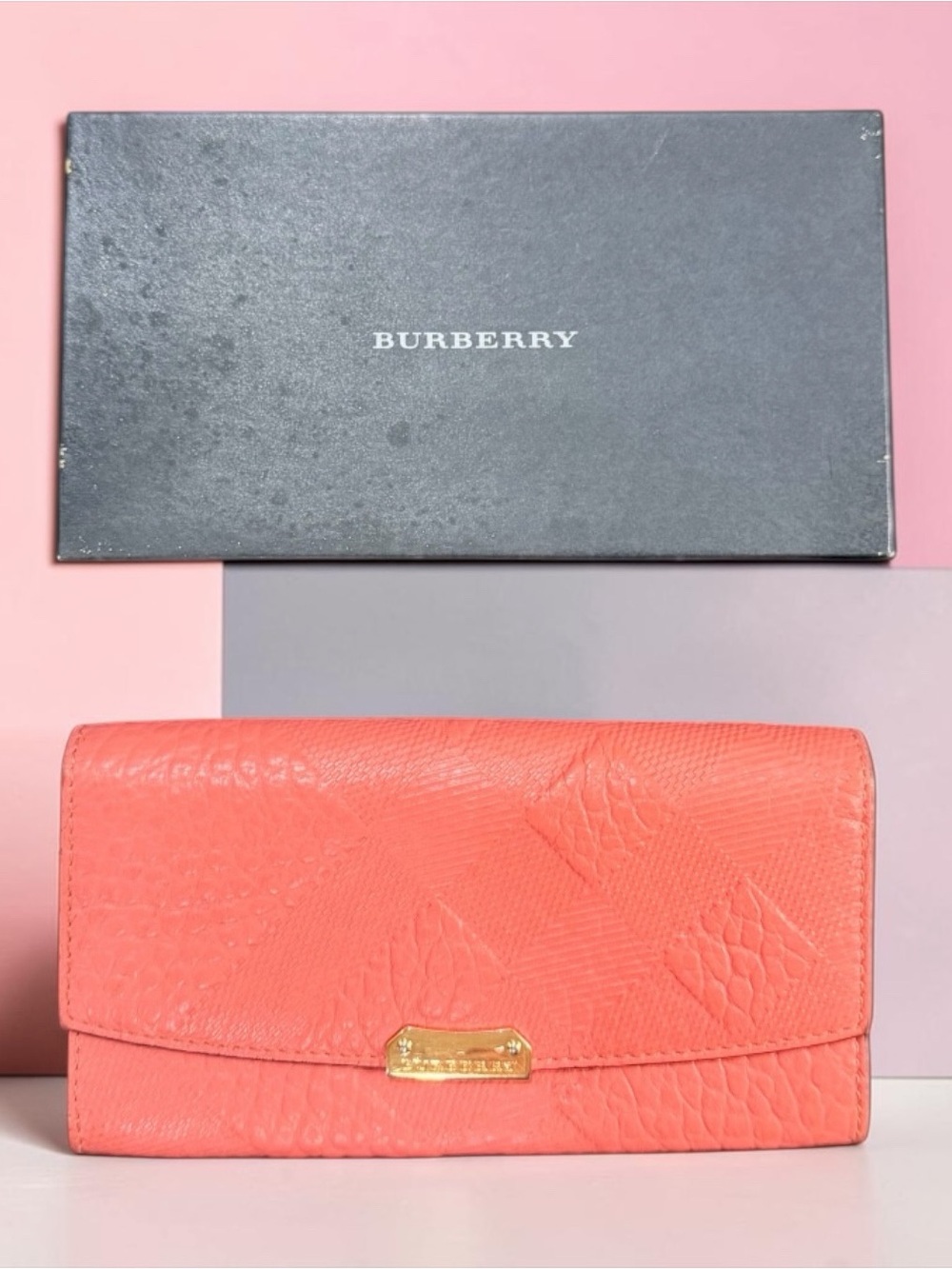 Burberry Grain Check Porter Continental Wallet Coral Leather w/ Box